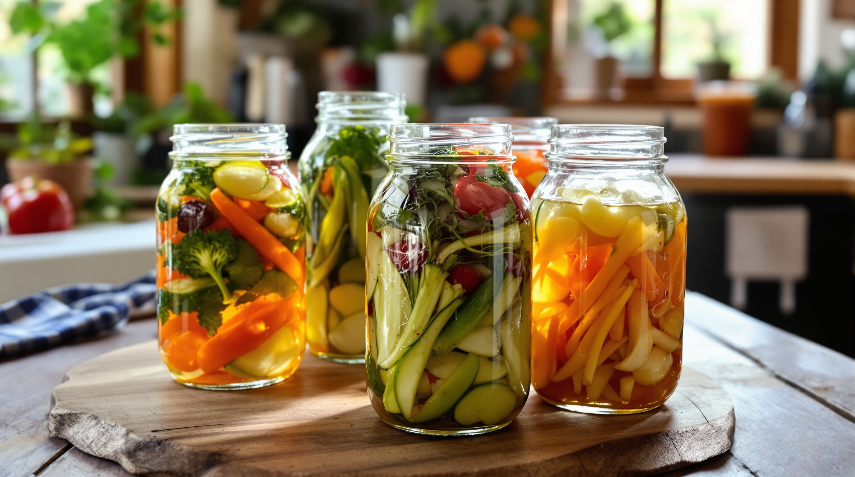 Gläser mit buntem fermentiertem Gemüse auf einem rustikalen Holztisch in natürlichem Licht