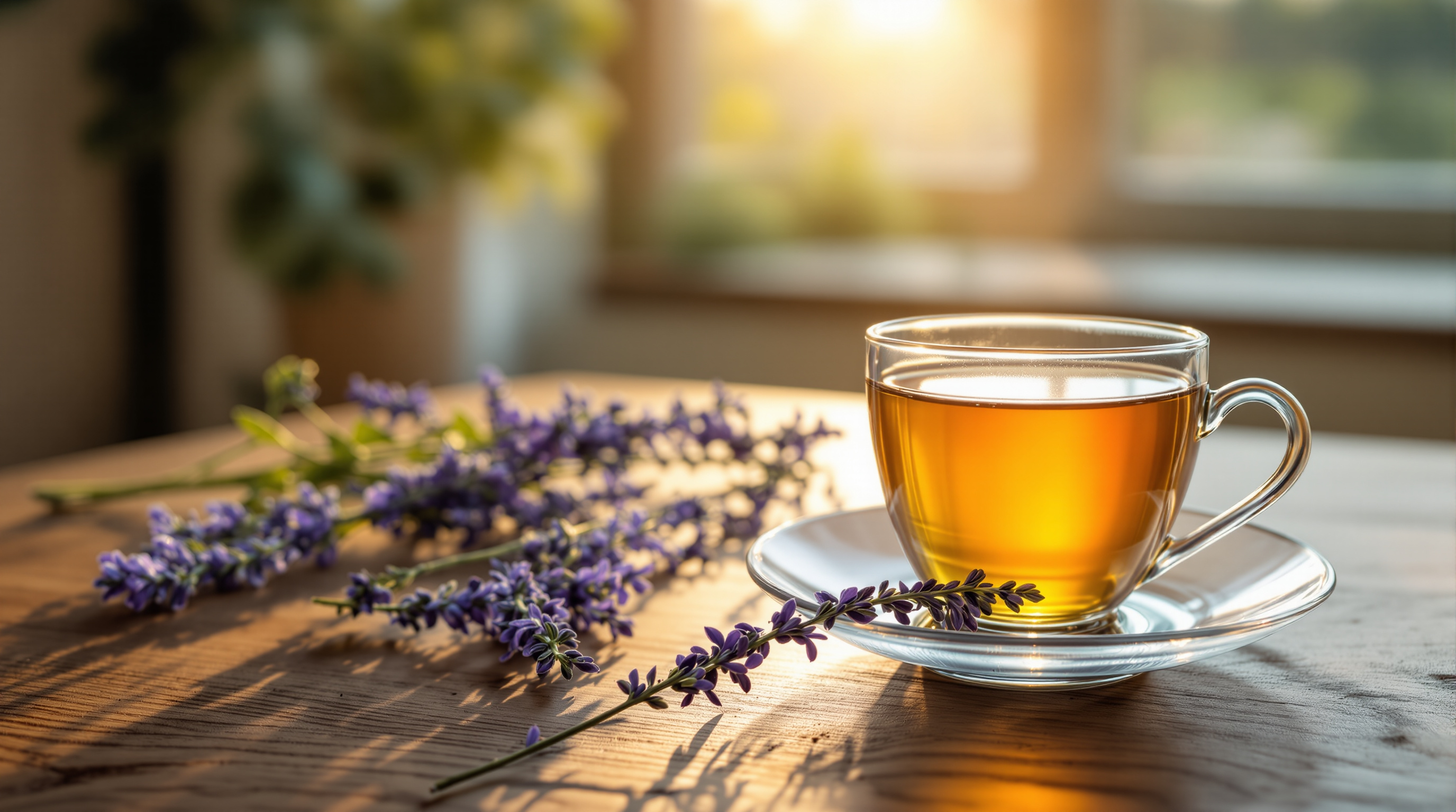 Tasse Kräutertee auf Holztisch mit Lavendelzweigen im sanften Abendlicht