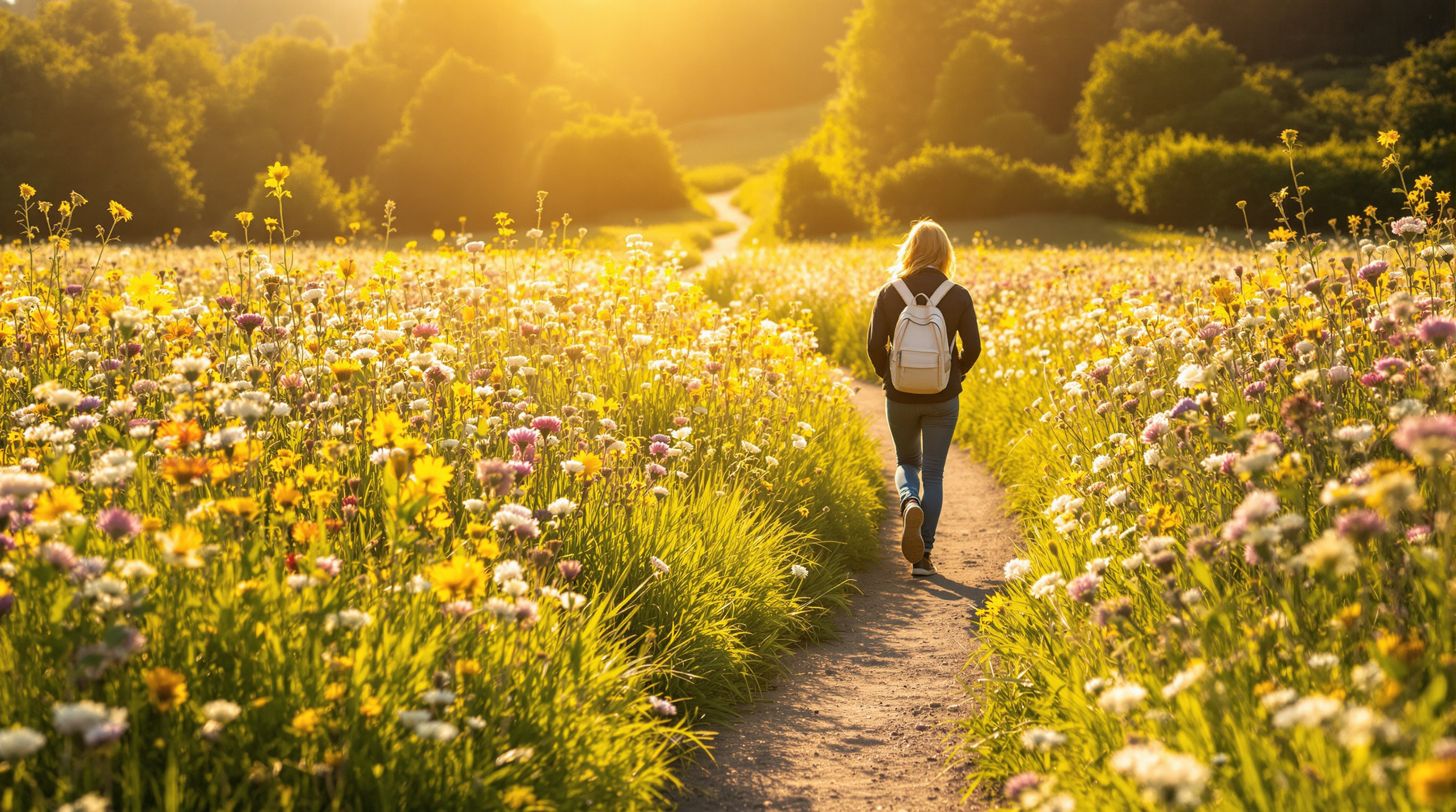 Person spaziert auf einem sonnigen Wiesenweg zwischen Wildblumen, Rückansicht