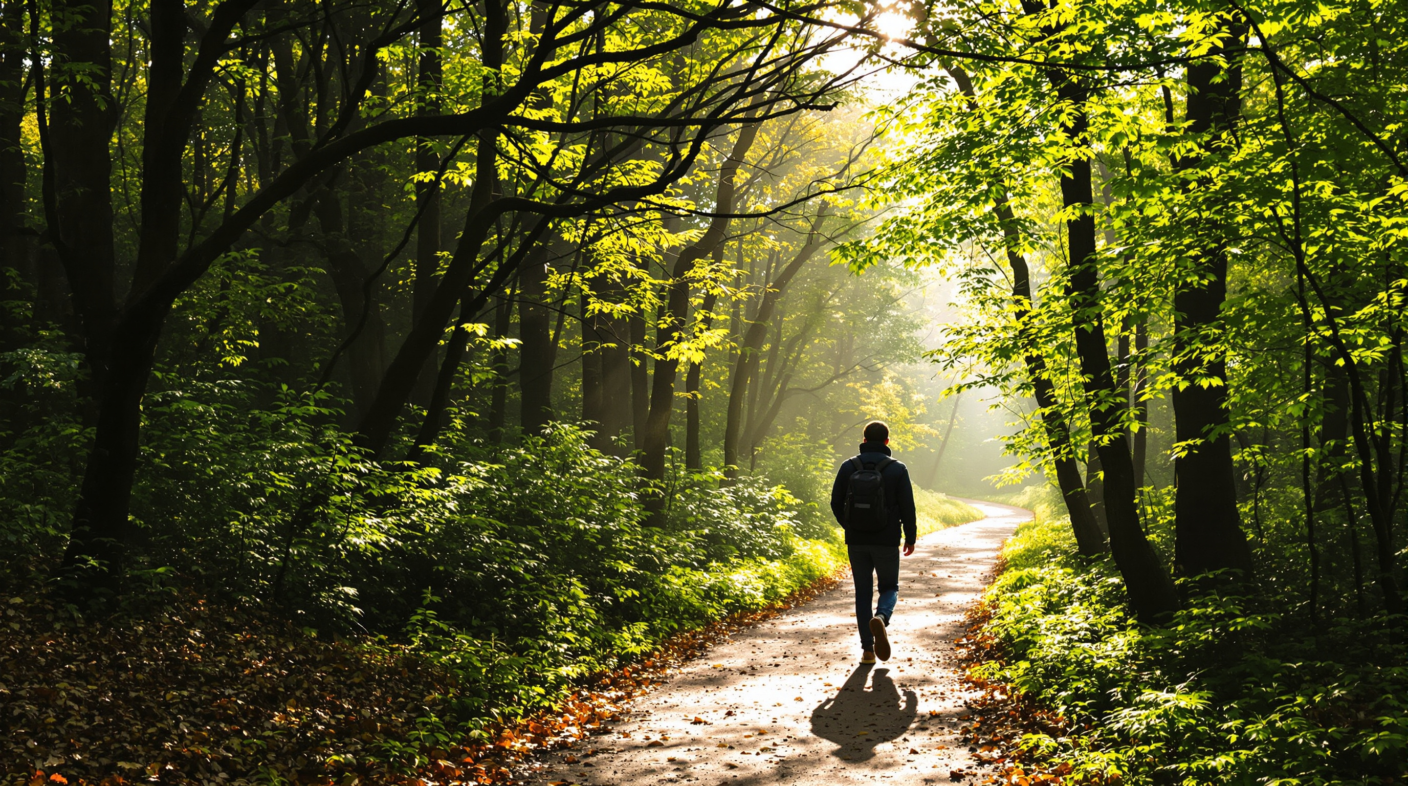Spaziergang auf einem Waldweg mit durchscheinendem Sonnenlicht zwischen Bäumen