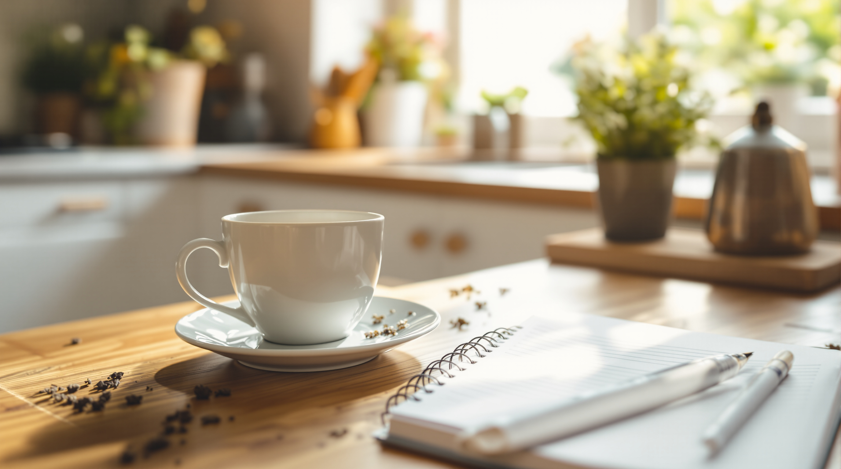 Gemütliche Küchenszene mit Teetasse und Tagebuch auf Holztisch im sanften Morgenlicht