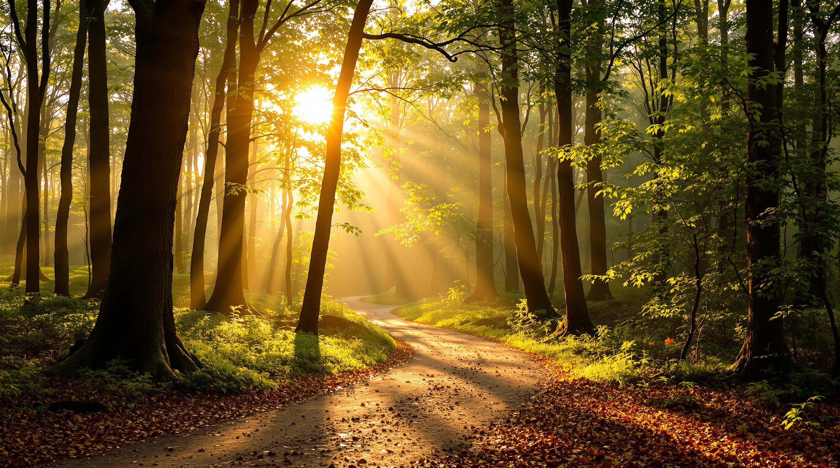 Geschwungener Waldweg im Morgenlicht, der symbolisch für den Lebensweg steht