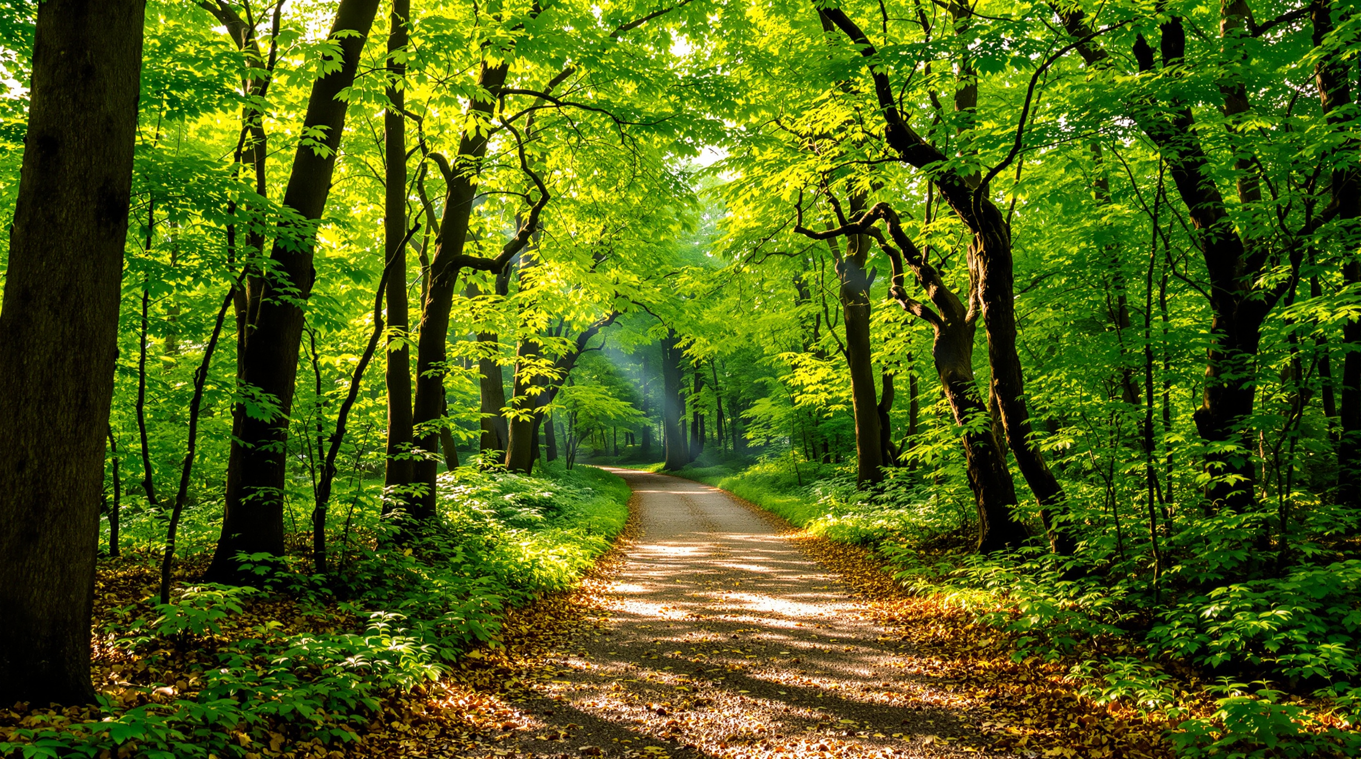 Ruhiger Waldweg mit Sonnenstrahlen, die durch grüne Blätter fallen