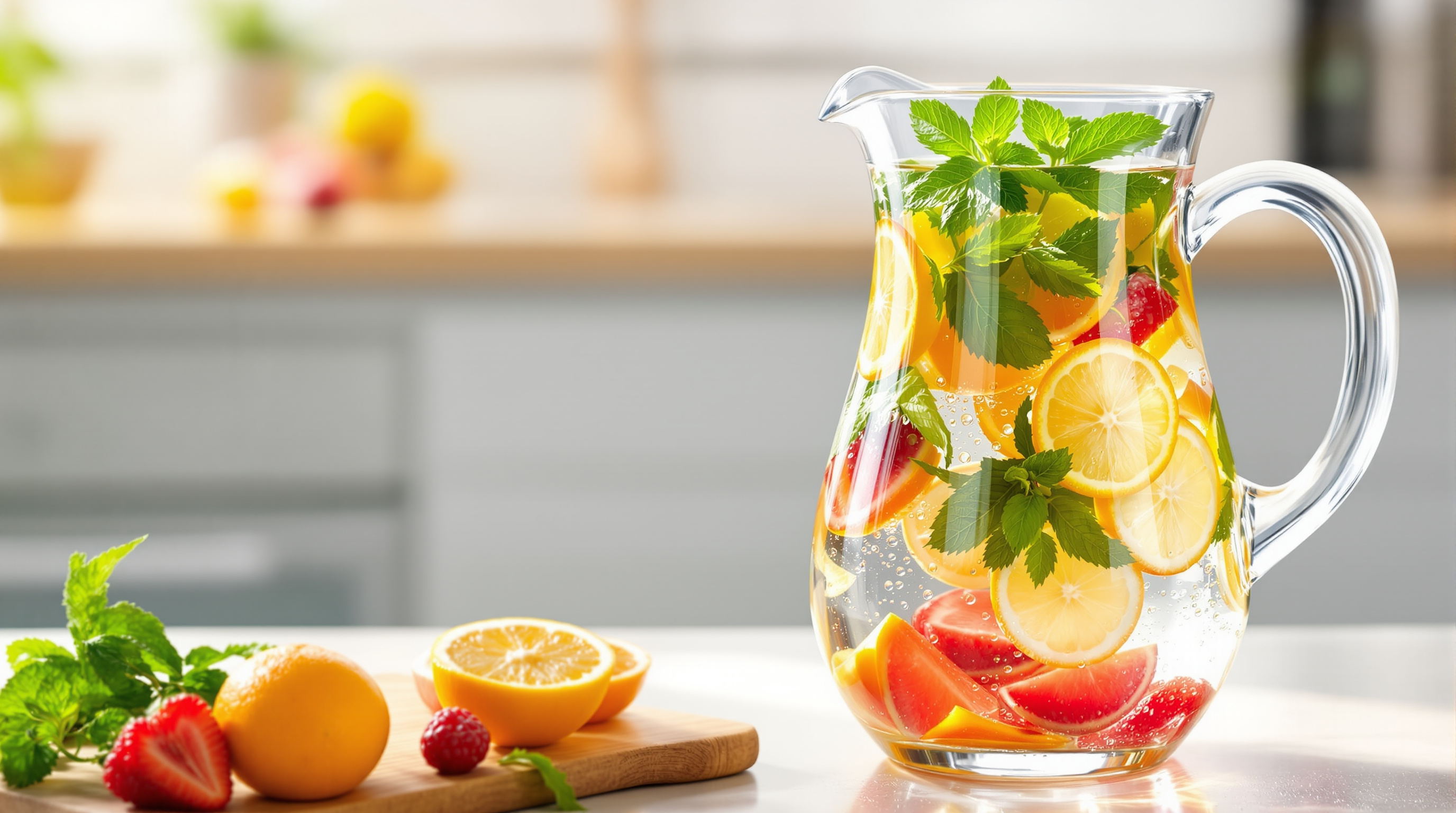 Glaskaraffe mit fruchtiger Infused Water, frischer Minze und Zitrusscheiben auf einer Küchentheke