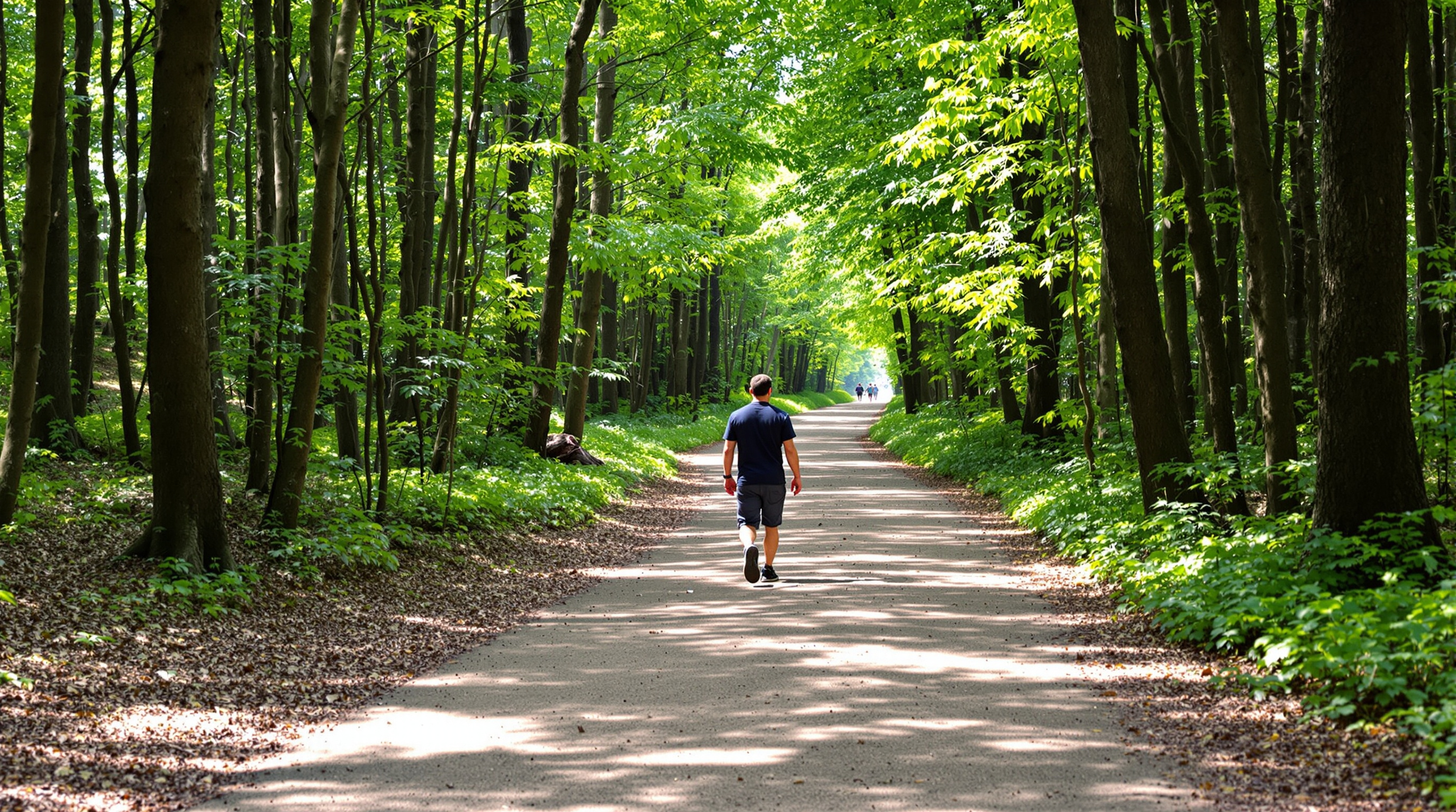 Person auf friedlichem Waldweg zwischen grünen Bäumen, natürliches Tageslicht, Ansicht von hinten