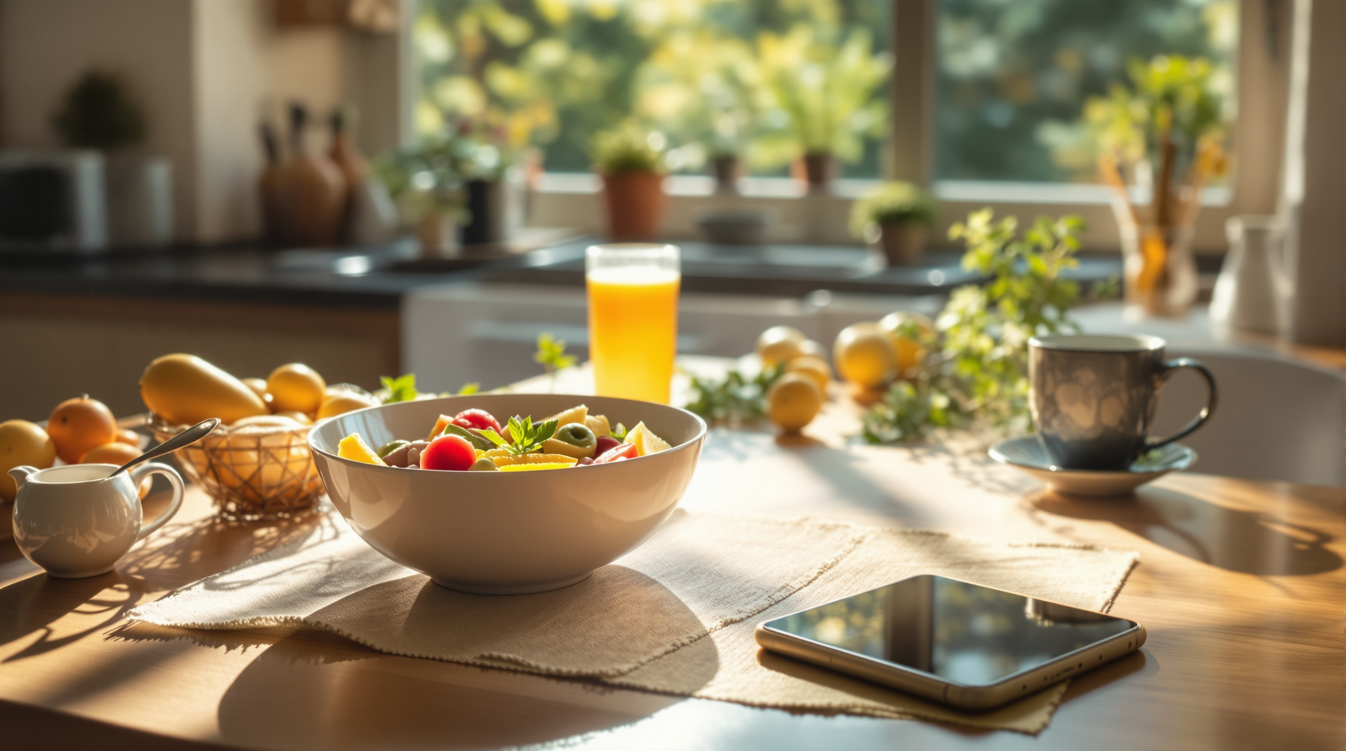 Gemütlicher Frühstückstisch mit gesunder Bowl, Handy liegt abseits, warmes Morgenlicht