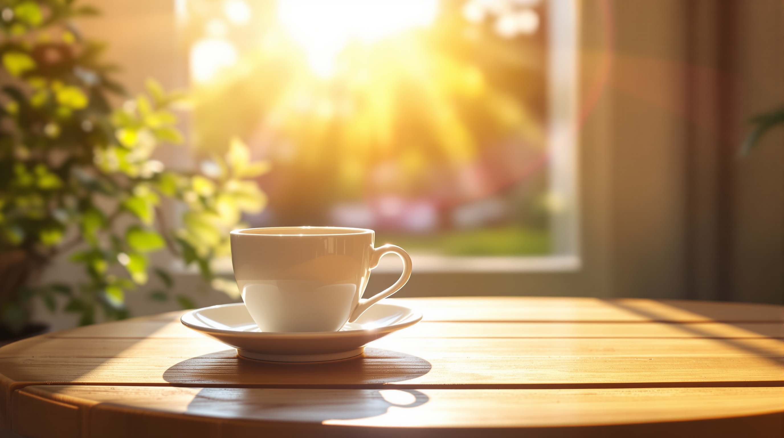 Warmes Morgenlicht fällt durch ein Fenster auf einen Holztisch mit Kaffeetasse
