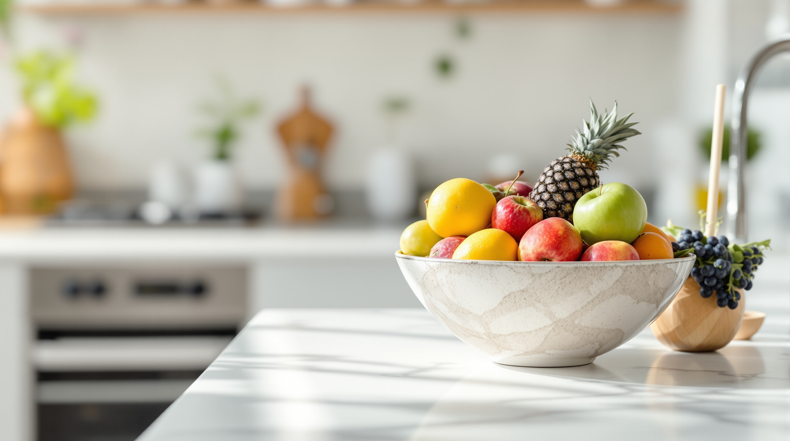 Frische bunte Obstschale auf heller Küchenarbeitsplatte im natürlichen Tageslicht