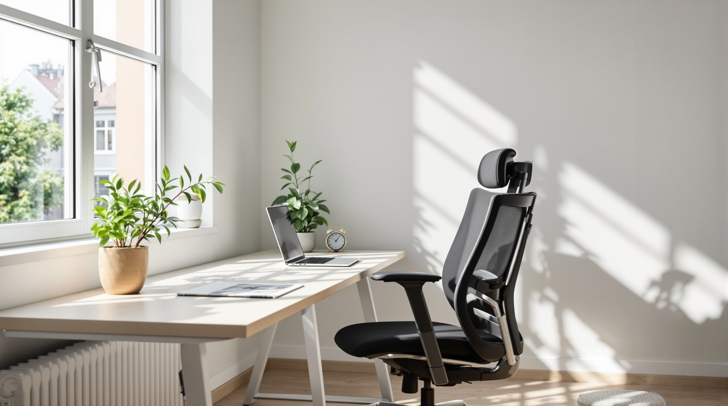 Heller Arbeitsplatz mit ergonomischem Stuhl am Fenster und grüner Pflanze auf dem Schreibtisch