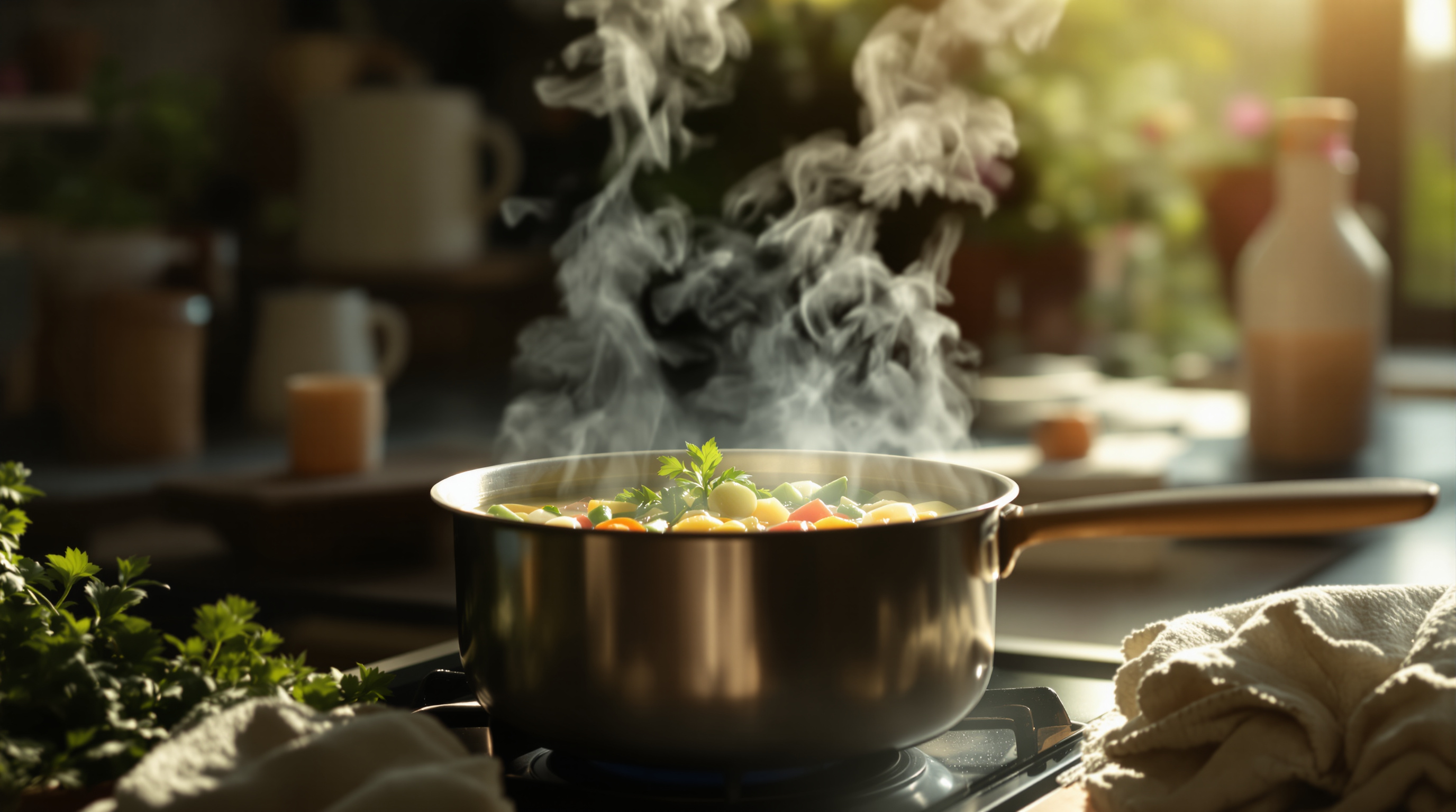 Dampf steigt aus einem Topf Gemüsesuppe auf, daneben frische Kräuter im sanften Abendlicht