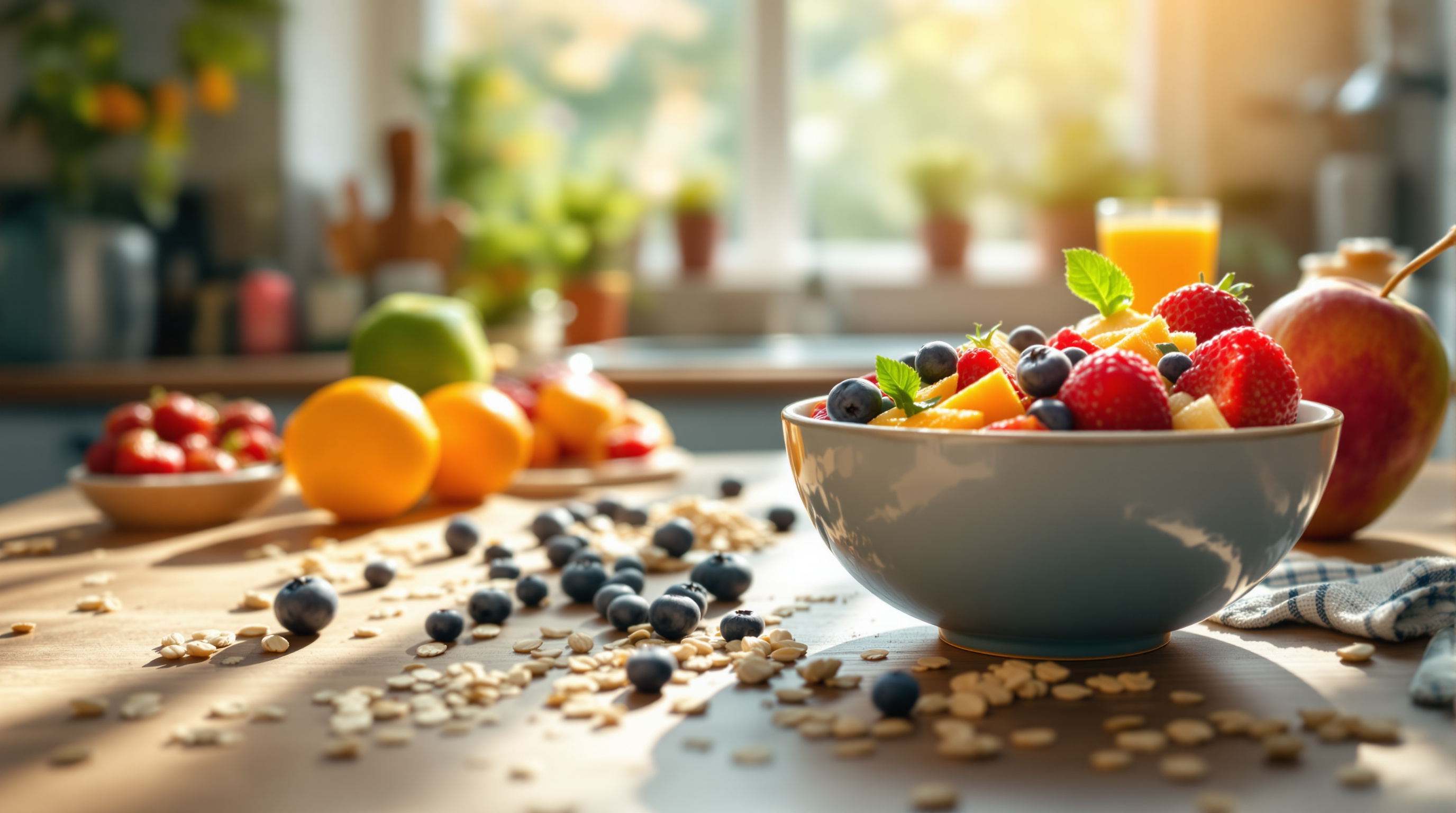 Helles Frühstück mit Müsli und frischem Obst auf einem Holztisch im Morgenlicht